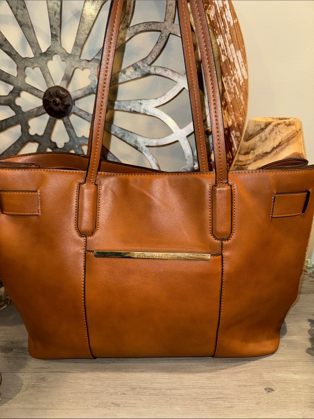 Steve Madden Caramel Brown Tote with Gold Trim